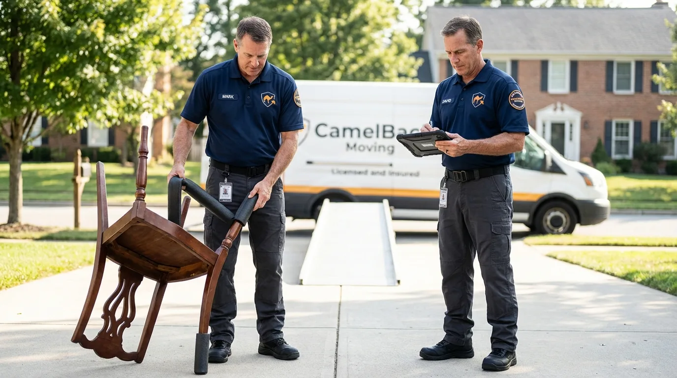 Movers inspecting furniture for damage prevention before loading in Gaston, SC