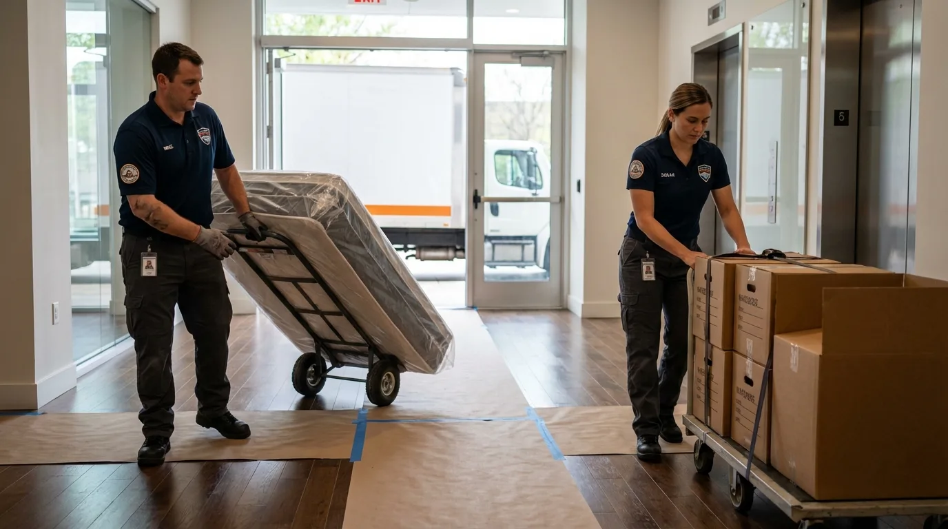 Professional apartment movers loading elevator in Gaston, SC