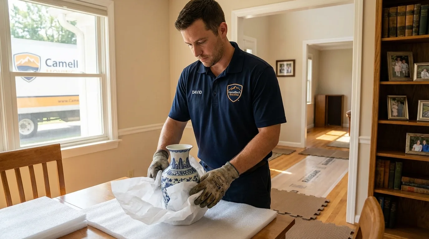Professional crew carefully wrapping antique vase for senior downsizing move in Gaston, SC